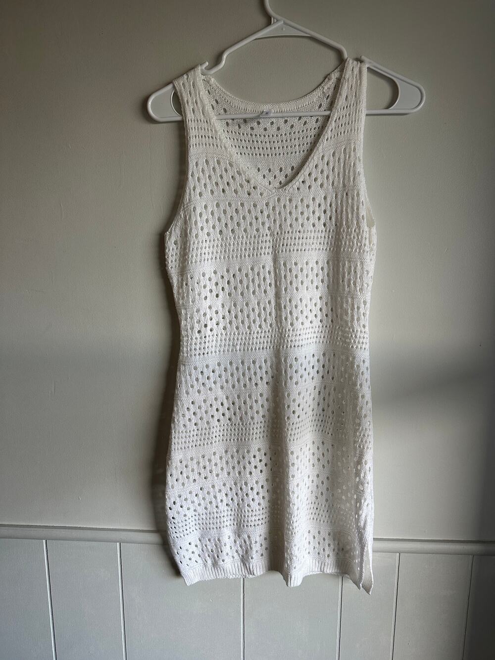 Dokotoo Crochet Swim Cover Up Dress White Knit Sleeveless V Neck Size S Mini